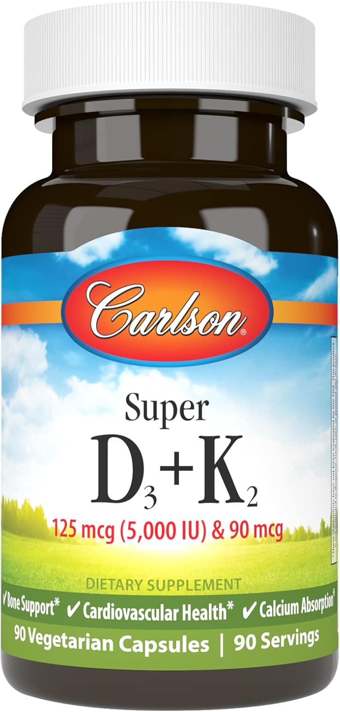 Carlson - Super D3 + K2 125 mcg (5000 IU) Vitamin D3 90 mcg Vitamin K2 as MK-7 Bone Support Calcium Absorption 90 Vegetarian Capsules