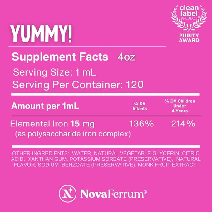 NovaFerrum Yummy | Pediatric Drops Liquid Iron Supplement for Infants and Toddlers | Liquid Iron for Kids | 15mg of Iron Per 1mL Dose | Ages 4 &amp Under | Gluten Free Certified | Sugar-Free | Raspbe