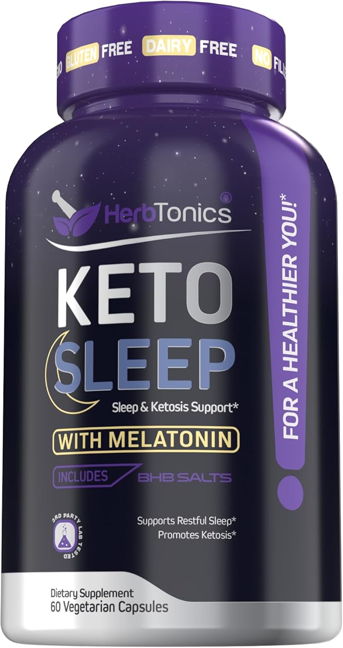 Herbtonics Keto Sleep Support | Night-Time Burner &amp Sleep Aid | with Melatonin 5mg BHB Salts &amp L-Theanine | Restful Sleep &amp Weight Management Formula for Women &amp Men | 60 Vegan Capsul