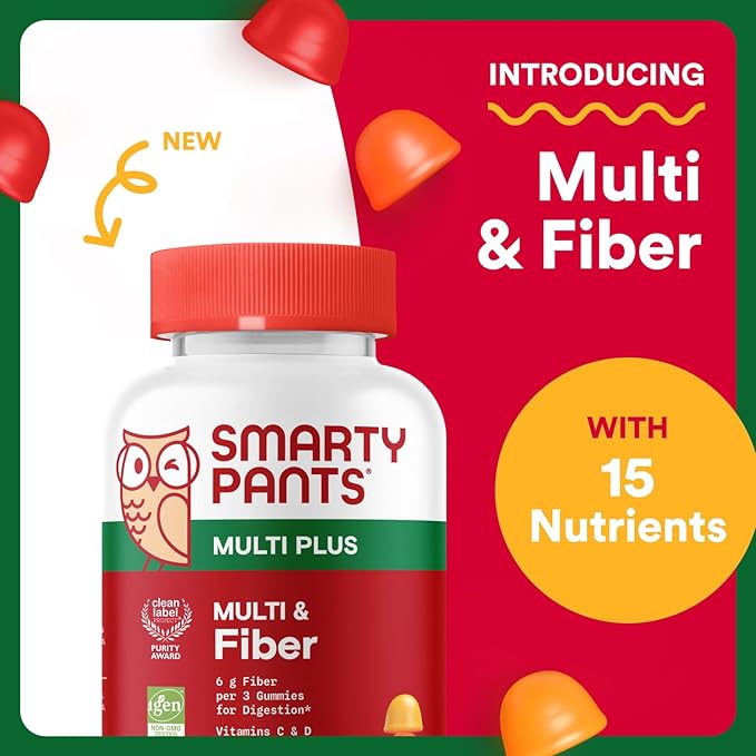 SmartyPants Fiber Supplement &amp Multivitamin for Men &amp Women Prebiotic Fiber Gummies with Omega 3 (DHA/EPA) Vitamin D3 C Vitamin B12 B6 A K &amp Zinc 90 Count (30 Day Supply)