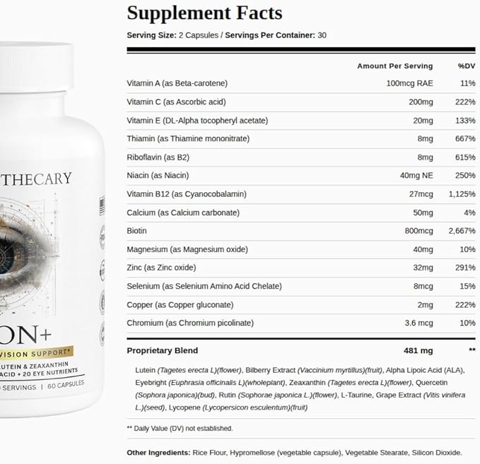 Vision+ Eye Vitamins with Lutein and Zeaxanthin - Bilberry Alpha Lipoic Acid - Vision Supplement for Adults - 20+ Eye Nutrients - Non-GMO Gluten Free - 60 Capsules