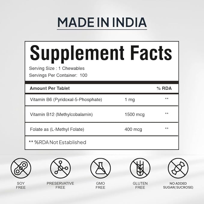 by Palak Notes - Methyl Vitamin B12 with Methylcobalamin - Folate - Vitamins B6 - Chewable Tablets - Natural Vitamin B12 Vitamin Tablets for Men and Women - 100 Chewables