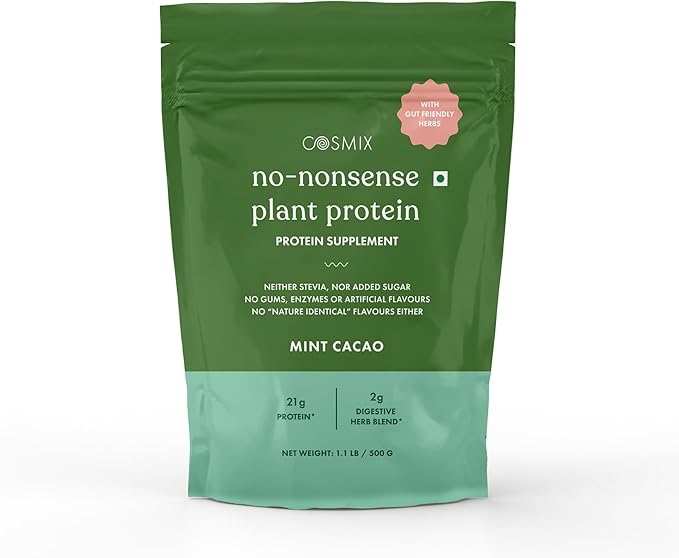 cosmix No-Nonsense Plant Protein 21g Organic Brown Rice &amp Pea Isolate Plant Based Vegan Gluten/Dairy Free Sugar Free Mint Cacao 1.1lb (1pk 13 Servings)