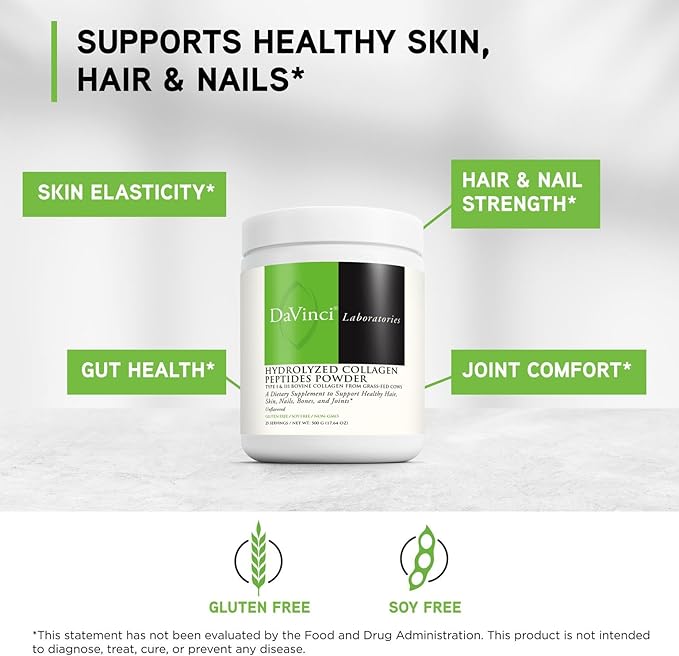DAVINCI Laboratories Collagen Peptides - Pure Hydrolyzed Bovine Collagen Protein Powder - Gluten-Free Non-GMO Supplement for Bone Joint Skin &amp Gut Health - Unflavored - 500 g (25 Servings)
