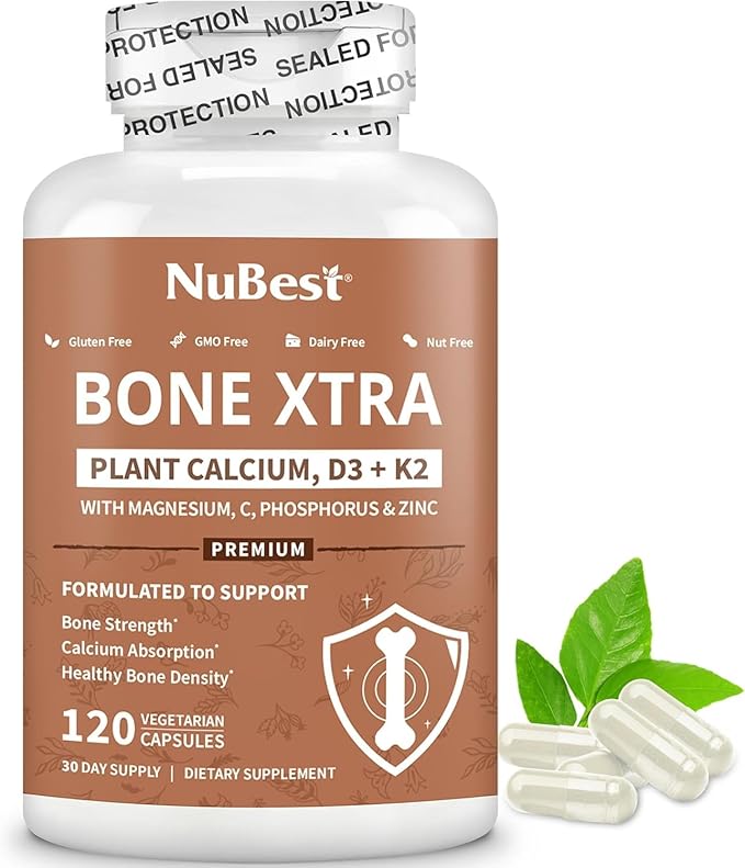 NuBest Bone Xtra - Plant Based Bone Strength Strontium Boost with Strontium Citrate Calcium Magnesium from Marine Algae Phosphorus Vitamin C K2 D3 | Maximum Calcium Absorption | 1 Month Supply