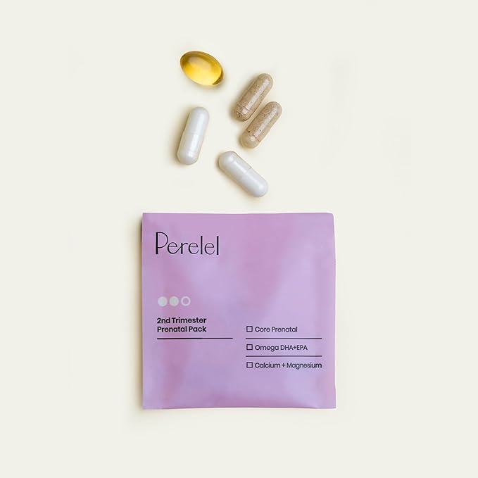 Perelel 2nd Trimester Prenatal Pack Multivitamin with Magnesium Omega 3 Iron &amp Calcium Nutritional Support for Second Trimester Wellness Soy &amp Gluten Free Non GMO 30 Daily Pill Packs