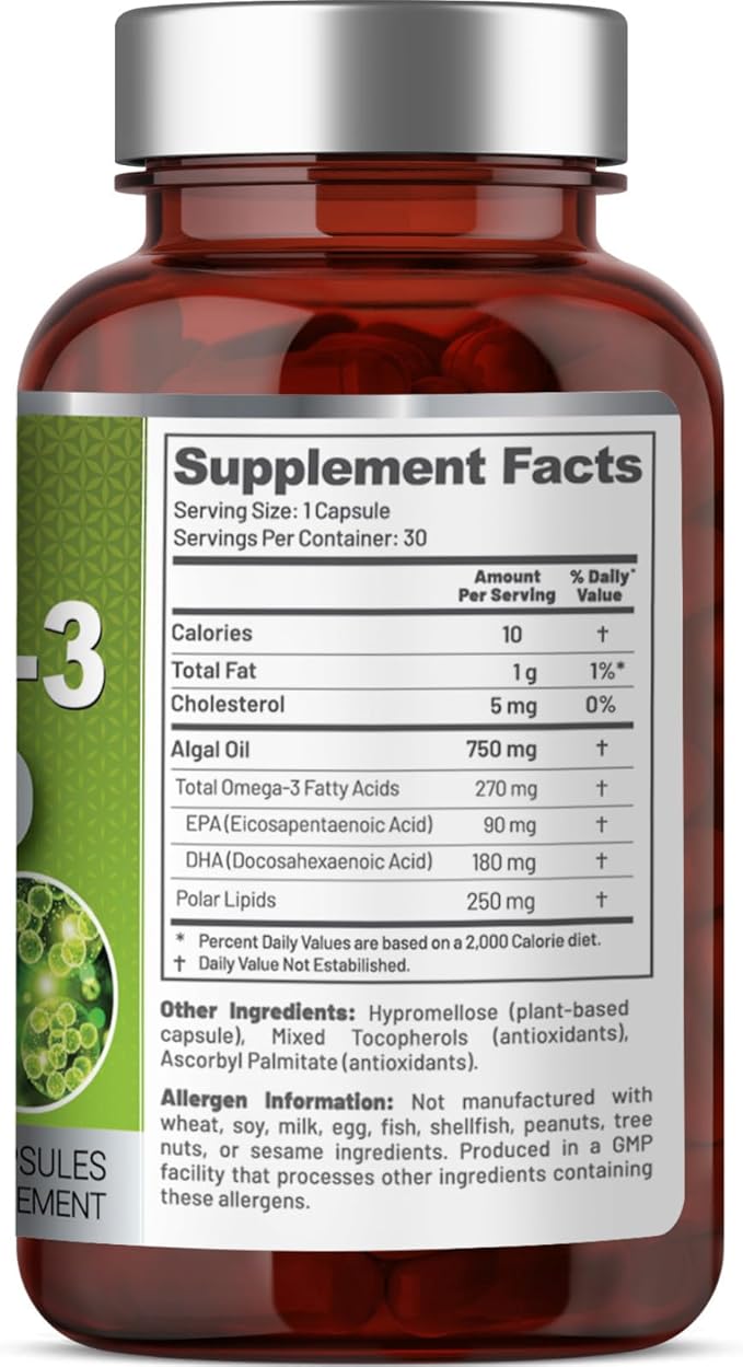 Vegan Omega 3 from Algae Oil – Plant-Based Unconcentrated EPA &amp DHA with Naturally Occurring Polar Lipids – Fish &amp Krill Oil Alternative – Carrageenan-Free Non-GMO 30 Vegan Capsules