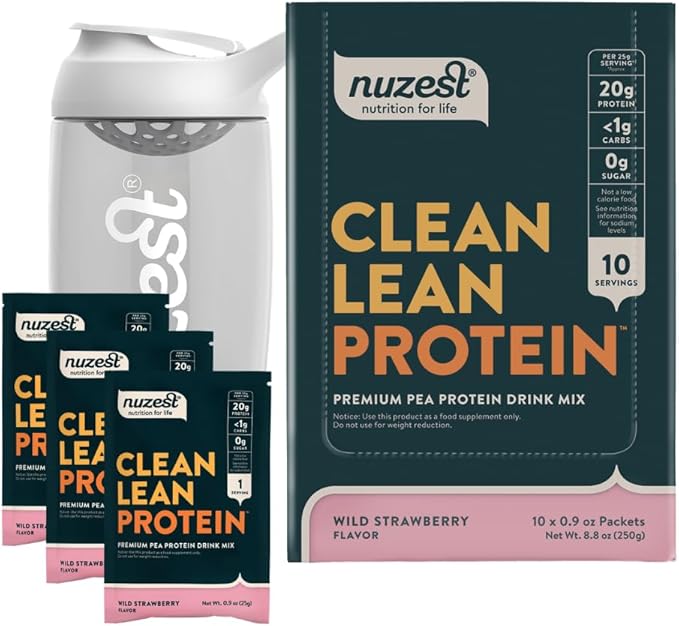 Nuzest Vegan Pea Protein Powder - Clean Lean Protein 10 Servings 20g Protein Wild Strawberry Protein Shake Mix + Sports Shaker Bottle 24oz