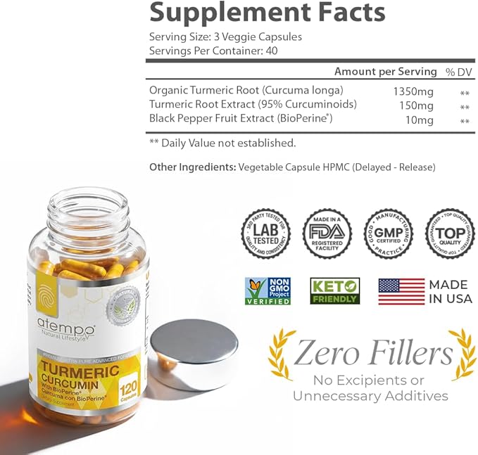 Turmeric Curcumin Supplement with Black Pepper Extract 1500mg – Absorption Supports Joint Health – Non-GMO 120 Vegan Capsules