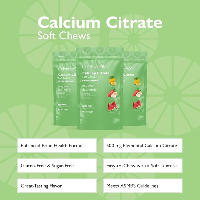 Celebrate Vitamins Bariatric 500mg Calcium Citrate Soft Chews with 500 IU Vitamin D3 – Essential for Gastric Bypass Patients &amp Bone Health - Sugar &amp Gluten Free Fruit (270 Chews)