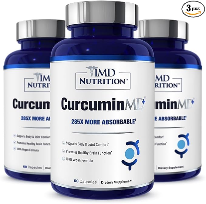1MD Nutrition CurcuminMD Plus - Turmeric Curcumin with Boswellia Serrata - 285x More Absorbable | Joint Stiffness Muscle Recovery and Mood Support | 180 Capsules (3-Pack)
