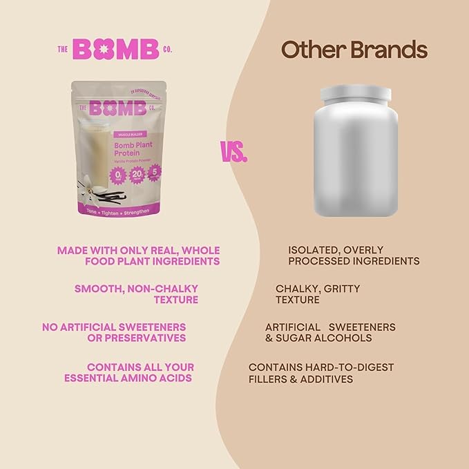 The Bomb Co. Bomb Plant Protein Protein Powder with 20g Protein Amino Acids Zero Sugar Pea Protein Chia Seeds Pumpkin Seeds Vanilla &amp Monk Fruit Gluten Free Vanilla Flavor 20 Srvgs