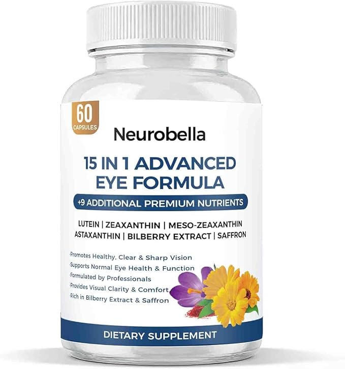 Neurobella Eye Formula - Neurobella 15 in 1 Advanced Eye Formula with All 3 Carotenoids Lutein &amp Zeaxanthin Bilberry Extract and Saffron 60 Capsules