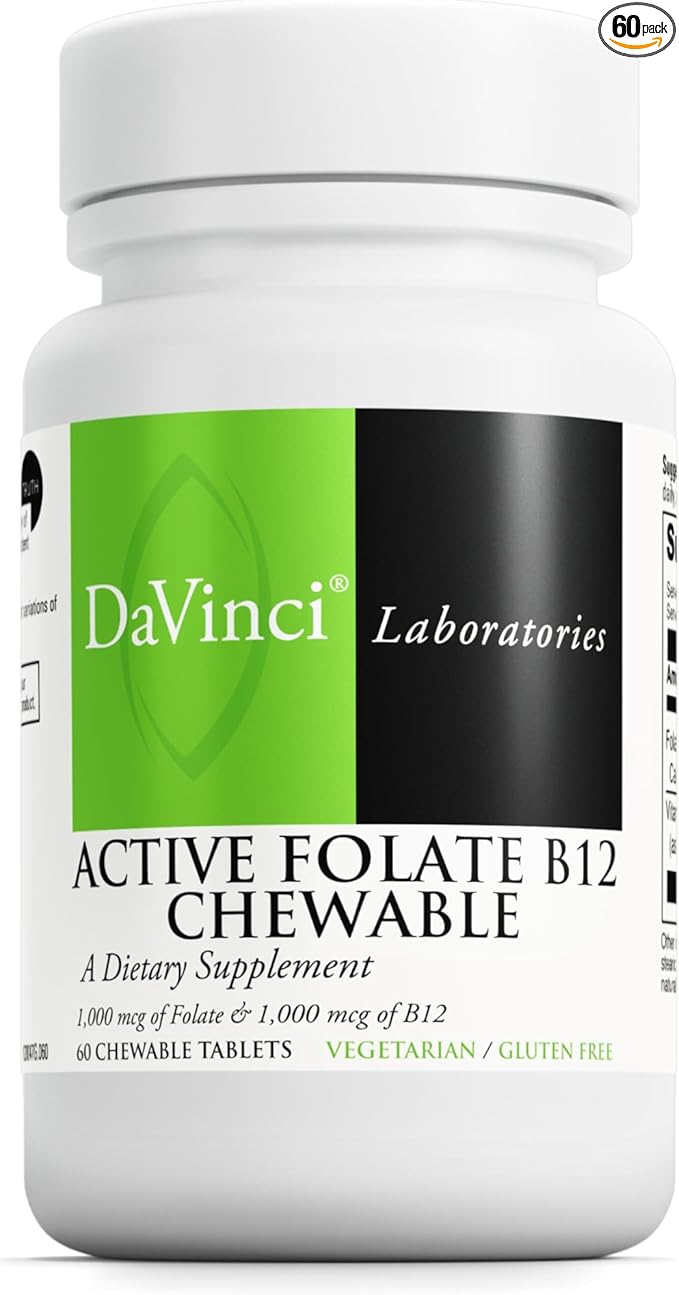 DAVINCI Labs Active Folate B12 Chewable - Dietary Supplement to Support Heart Health Healthy Nerves Immune Function and Energy Production* - with Folate and Vitamin B12-60 Chewable Tablets