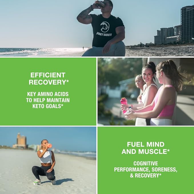 Honey Badger BCAA + EAA Amino Acids Powder BCAAs + L-Glutamine Keto Vegan Sugar Free for Men &amp Women Hydration &amp Post Workout Muscle Recovery Drink Mix Cucumber Lime 30 Servings