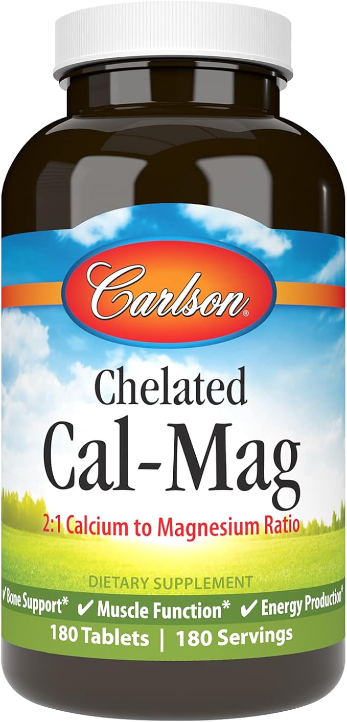 Carlson - Chelated Cal-Mag 2:1 Calcium to Magnesium Ratio Bone Support Muscle Function &amp Energy Production 180 Tablets