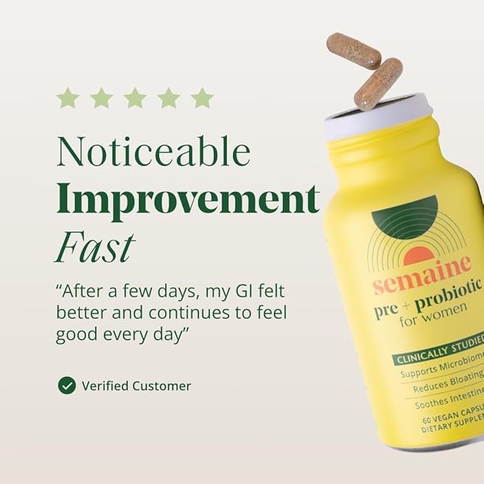 Semaine Super Powered Prebiotic + Probiotic for Women Effective 3-in-1 Multi-Action Formula to Nourish Gut Health Soothe IBS Support Bloat Relief &amp Immunity Boost Clinically-Studied (60 ct)