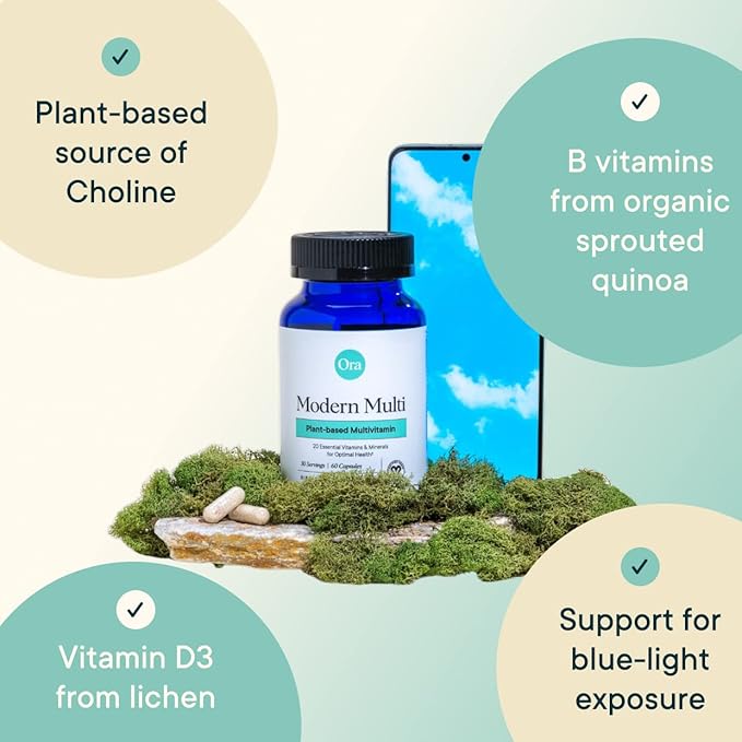 Ora Organic Plant Based Multivitamin for Women and Men Bluelight Protection - Brain Eye Energy Immune Skin Hair Heart and Bone Health Support 60 Vegan Capsules (Pack of 3)