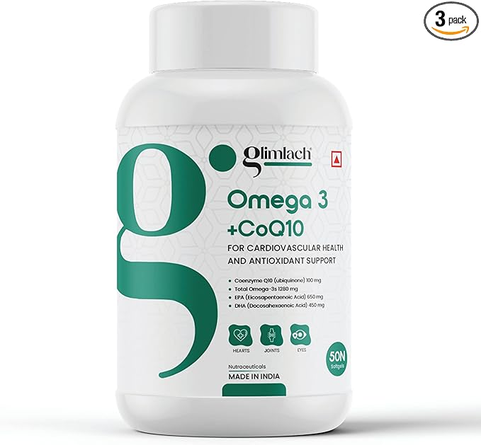 GLIMLACH Omega-3 &amp CoQ10 Softgels 1280 mg Omega-3 100 mg CoQ10 Heart Health Cellular Energy Antioxidant Support (Pack of 3 50 Softgel Each Jar)