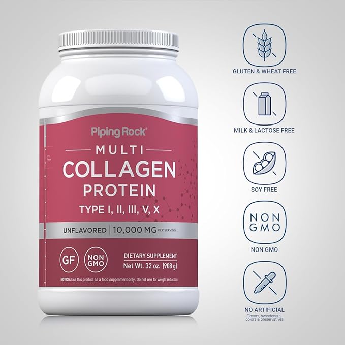 Piping Rock Multi Collagen Protein Powder | 32oz | Supplement for Women and Men | Types I II III V X | Unflavored | Non-GMO Gluten Free