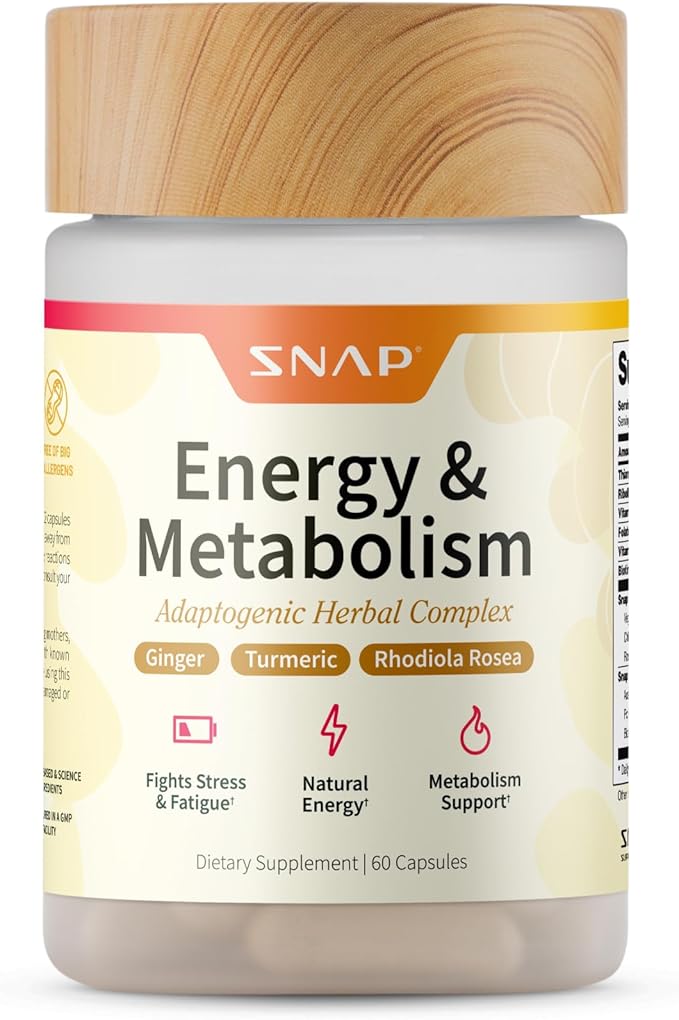 Snap Supplements Energy &amp Metabolism Herbal Complex for Fatigue Stress Relief Energy Booster &amp Better Mood Energy Pills for Women &amp Men 60 Capsules (30 Servings 1 Month Supply)