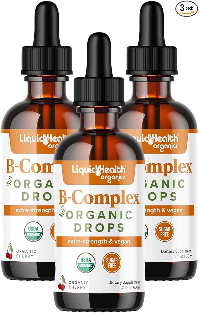LIQUIDHEALTH USDA Organic Vitamin B Complex Drops for Men &amp Women - Natural Energy Improved Focus Memory &amp Mood Immune Support Metabolism Boost - USA Made Extra Strength No Sugar Vegan