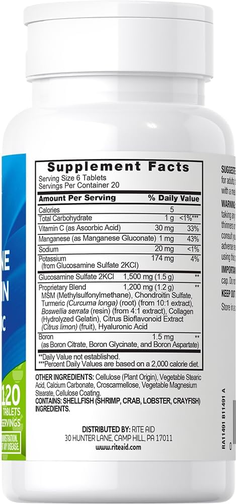 Rite Aid Gluco Chon MSM + Turmeric Tablets 120 Count with Collegen Supports Healthy Cartilage Protects Joints and Bones Antioxidant Formula