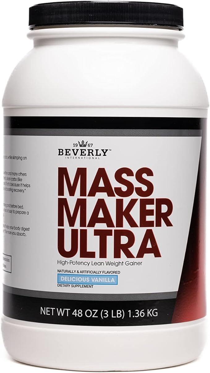Beverly International Mass Maker Ultra Vanilla 14 Servings 3lb. Build Lean Mass Like a Pro. Milk Protein Isolate Whey Protein Isolate + Egg. MCT Oil. Clean Carbs Great Taste
