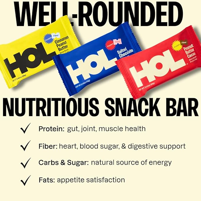 HOL Bone Broth Protein Bars - The Trio Variety Pack - Cinnamon Peanut butter and Salted Chocolate - 20g Whole-Food Protein - Natural Energy Snack - Gluten-Free No Artificial Additives - 15 Pack