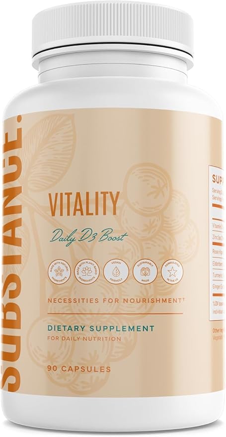 SUBSTANCE. Nature’s Vitality Daily D3 Boost Supplement - Vitamin D3 Zinc Elderberry Turmeric &amp Ginger - Immune Support &amp Bone Health - 90 Capsules