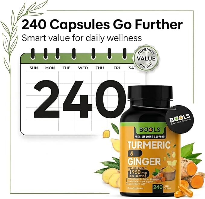 Turmeric Curcumin Supplement with BioPerine &amp Ginger Turmeric Curcumin with Black Pepper 1950mg for Max Absorption Joint Support- Non-GMO Turmeric Supplement Vegan 240 Capsules