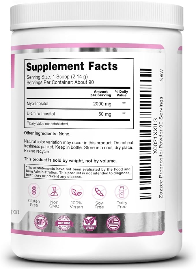 Zazzee PREGNOSITOL Powder 3 Month Supply Myo-Inositol and D-Chiro-Inositol 40:1 Fertility Blend Free Scoop for Exact Dosage Premium Balanced Formula 90 Servings Vegan All-Natural and Non-GMO