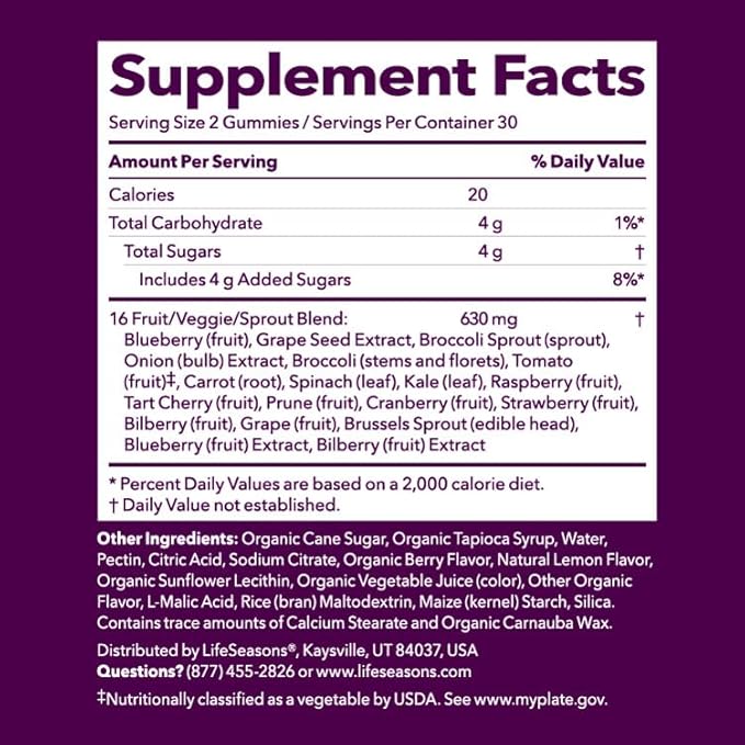 LifeSeasons Fruit &amp Veggie Gummy Supplement - 16 Fruits Vegetables &amp Sprouts - Vitamins Minerals &amp Antioxidants - Nutritional Support for Immunity &amp Wellness - 3X More Potent - 60 Gumm