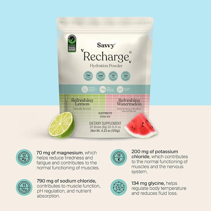 SAVVY Bone Broth Power Vanilla Protein Powder 22g Protein 12g Collagen &amp Recharge Electrolyte Powder Sugar Free Hydration Drink Sodium Magnesium Potassium (Variety (Lemon + Watermelon))