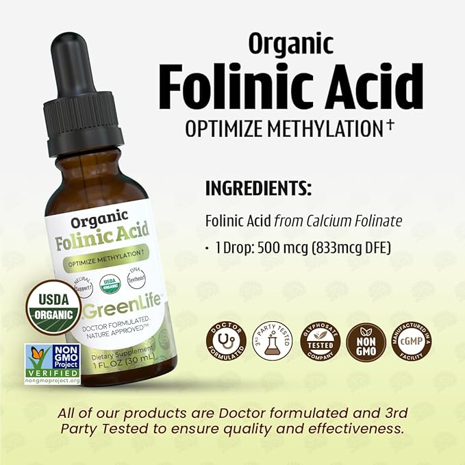 Dr. Green Life USDA Organic Folinic Acid Drops - 500 mcg per Drop | Methylation Support B9 Supplements for Kids &amp Adults | Supports Neurological Function Nervous System Health &amp DNA Synthesis
