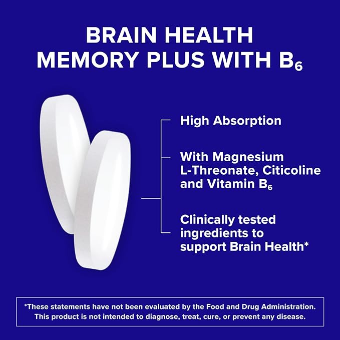 Qunol Brain Health Memory Plus with B6 Magnesium L-Threonate &amp Citicoline Clinically Tested Ingredients to Improve Memory Focus Attention and Productivity 60 Count (Pack of 1)