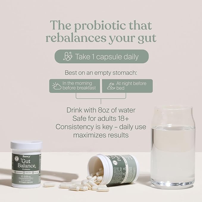 SAVVY Gut Balance Probiotics for Women &amp Men 15 Billion CFU 7 Clinically Studied Strains Digestive Health Immune Support Bloating Relief 60 Vegan Capsules Non GMO Sugar-Free