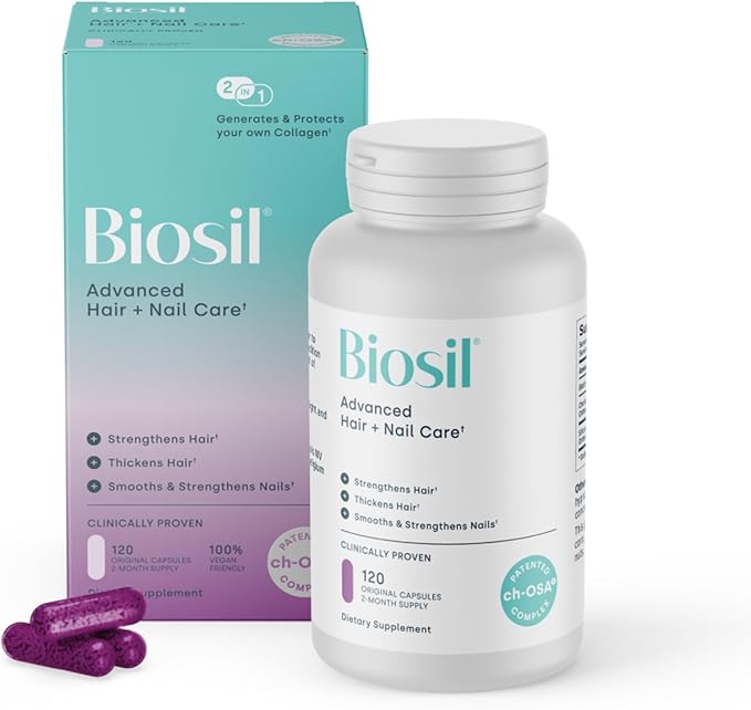 Biosil Advanced Hair + Nail Care - 120 Capsules - Grow Strengthen &amp Thicken Hair and Nails - with Patented ch-OSA &amp Biotin - 60-Day Supply