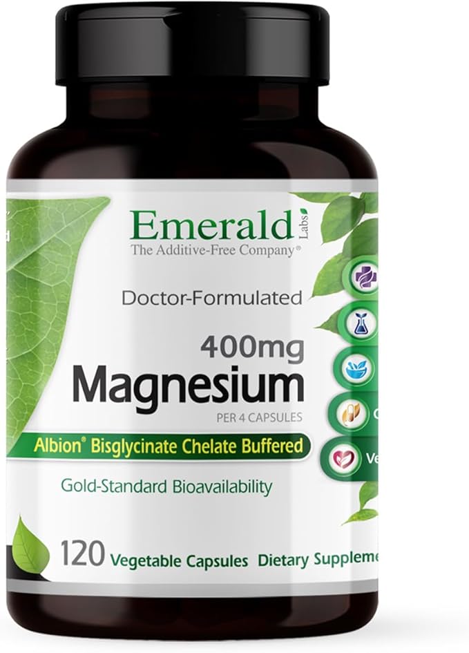 Emerald Labs Magnesium 400mg - Bone &amp Sleep Support with Albion Magnesium* - Vegan Friendly - 120 Vegetable Capsules (30-Day Supply)