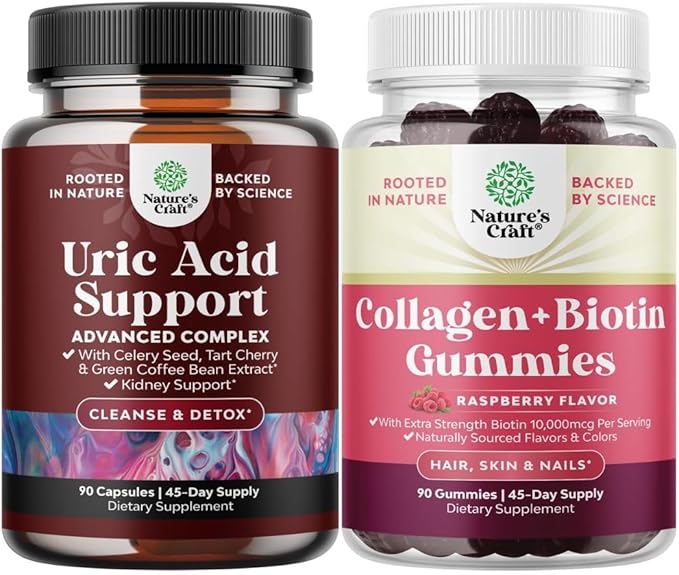 Bundle of Green Coffee Bean Extract for Uric Acid Cleanse &amp Detox with Turmeric Tart Cherry &amp Celery Seed and Hair Skin and Nails Gummies for Women - Marine Collagen Biotin 10000mcg per Servi