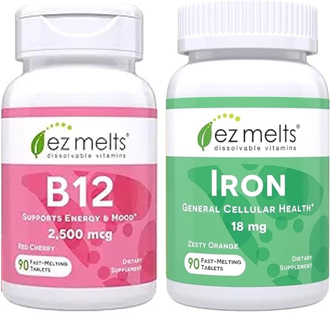 EZ Melts B12 Sublingual Vitamin and Iron Supplement Bundle Sugar Free 3-Month Supply