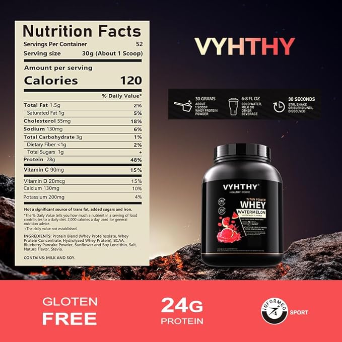Watermelon Flavored Whey Protein Powder 24g Protein per Serving Fast-Absorbing Concentrated whey Protein Low Sugar Gluten-Free Natural Flavor3.5lbs(56oz)