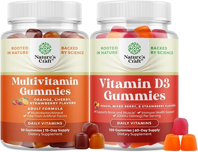 Bundle of Potent Daily Multivitamin Gummies - Wellness Blend of Vitamin D A C E B12 Zinc &amp Biotin for Energy &amp Immunity and Vitamin D3 Gummies with D3 2000IU per Serving Bone Muscle &amp Immu