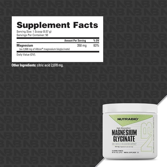 NutraBio Magnesium Glycinate Powder for Sleep- Sleep Supplement Supports Relaxation Heart Health and Metabolism- 350 mg- Unflavored Drink Mix- 50 Servings