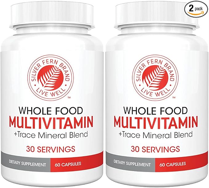 Silver Fern Whole Food Daily Multi Vitamin w/Trace Mineral Blend Supplement - 2 Bottles - 60 Vegicaps Each - 60 Day Supply - Natural Non-GMO Vegan Multivitamin for Men &amp Women - Zero Synthetics