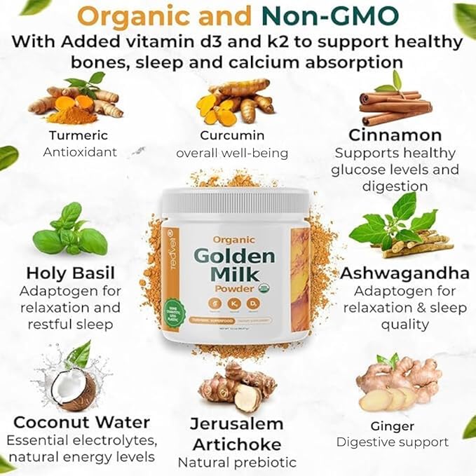 Organic Golden Milk Powder with Vitamins D3 &amp K2 Turmeric Ginger Curcumin Cinnamon KSM66 Ashwagandha Holy Basil &amp Natural Prebiotics– Delicious Unsweetened Turmeric Tea Latte- 30 Serving