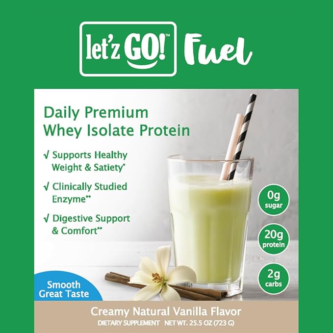 Let’z Go Premium Whey Isolate Protein Powder with Digestive Enzymes – Vanilla 2 lb (30 Servings) – No Sugar Keto &amp GLP-1 Friendly Diabetic Friendly Supports Satiety Stevia Sweetened Gluten-F