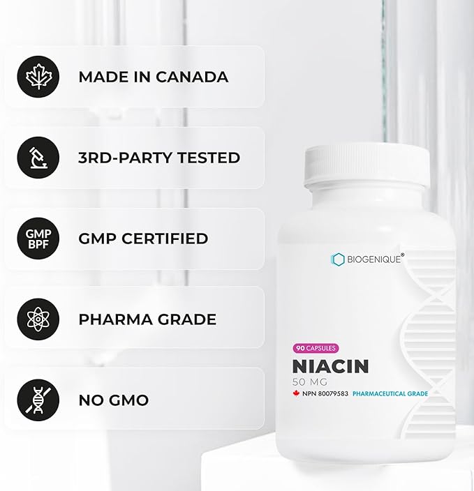 Niacin 50mg - Vitamin B3 Niacin - Supports Energy Production Healthy Metabolism &amp Nervous System Function - Energy Supplement - 90 Capsules Made in Canada Non-GMO Vegan