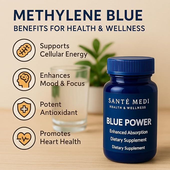 Blue Power - Methylene Blue (USP Grade) Pharma Grade - 60 Capsules with Added Vitamin C Ester for Enhanced Absorption - Brain Supplement for Memory Focus Clarity Cognitive Function