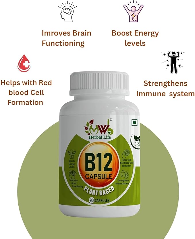 Plant Based Vitamin B12 Capsules | 90 Veg Capsules | Energy Booster | Immunity Support | Nerve and Brain Health | Vegan Supplement